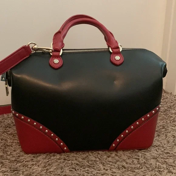 Love Moschino red and black studded leather satchel purse with logo - Picture 5 of 9